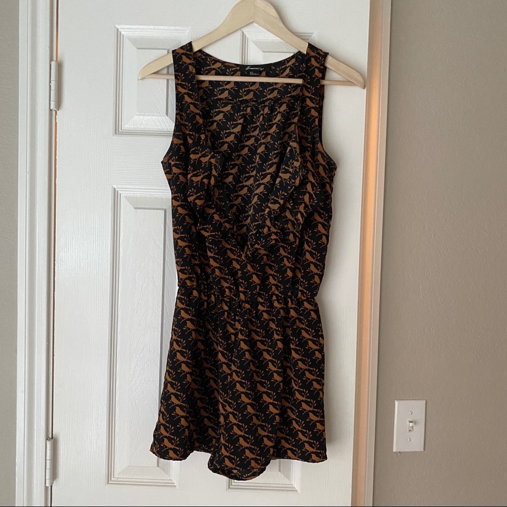 Forever 21 Brown Black Bird Pattern Romper - small